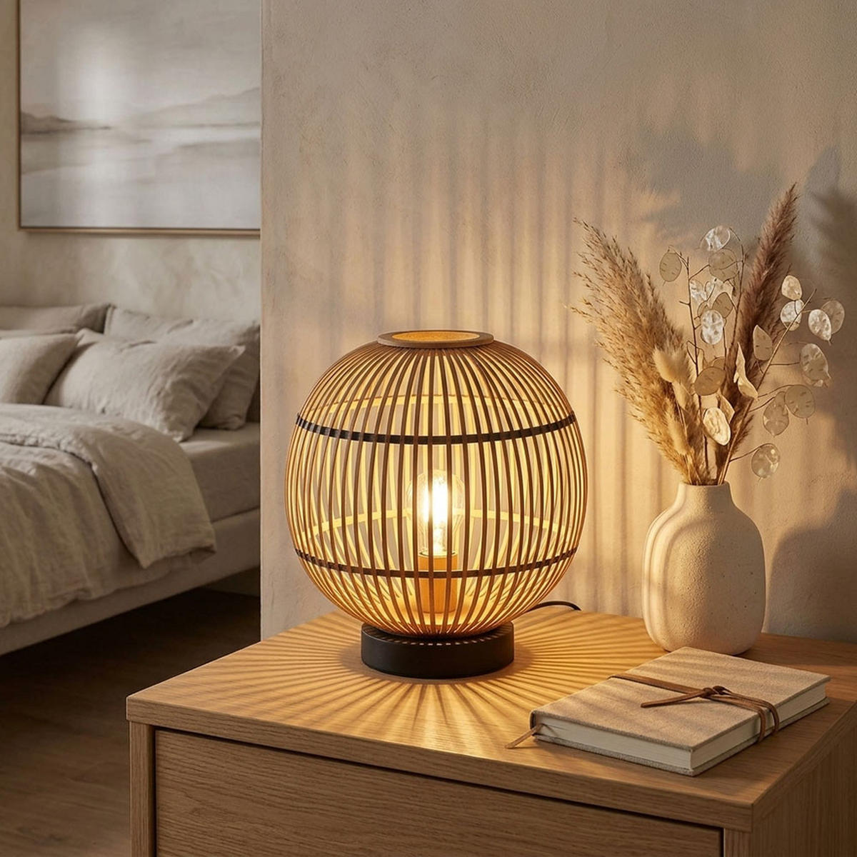 LED TISCHLEUCHTE Hildegard Braun Bambus - Braun, Holz (30/30/33.5cm) - Globo Lighting