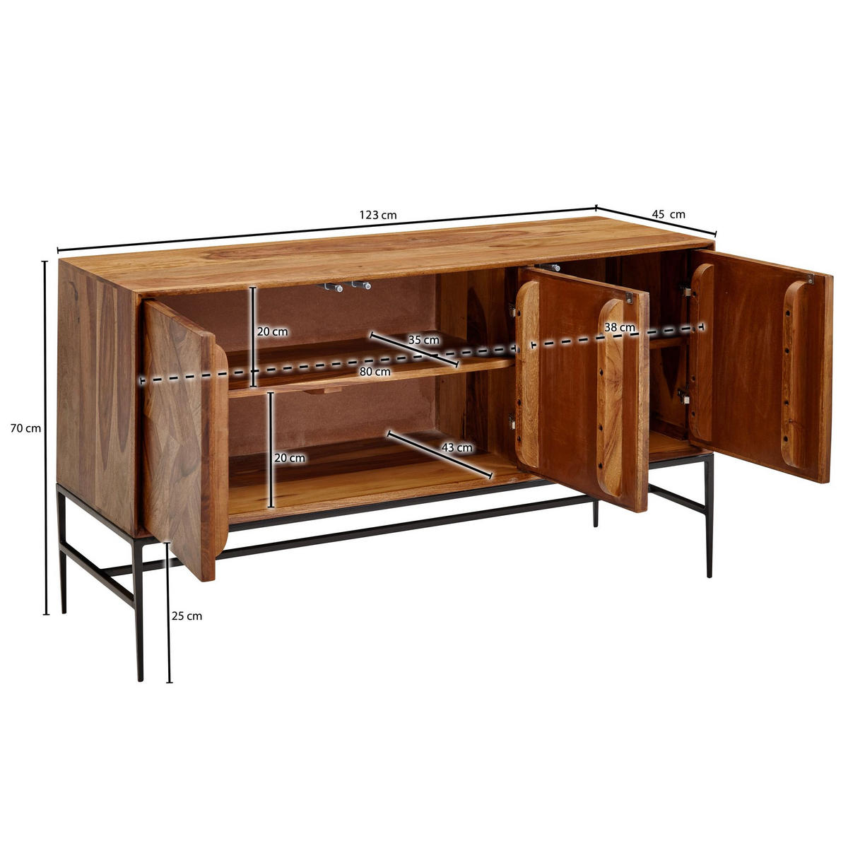 SIDEBOARD – Massivholz, 123x70x45 cm, Industrial-Stil, Stauraum - Schwarz/Braun, Holz/Metall (123/70/45cm) - KADIMA DESIGN