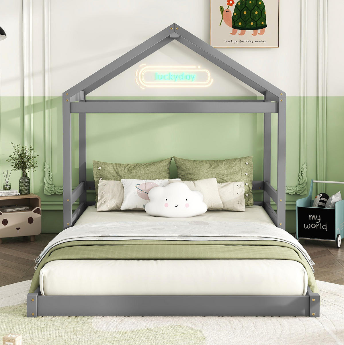 HAUSBETT 140/200 cm grau mit Lattenrost aus Kiefernholz - Grau, Holz (140/200cm) - OKWISH