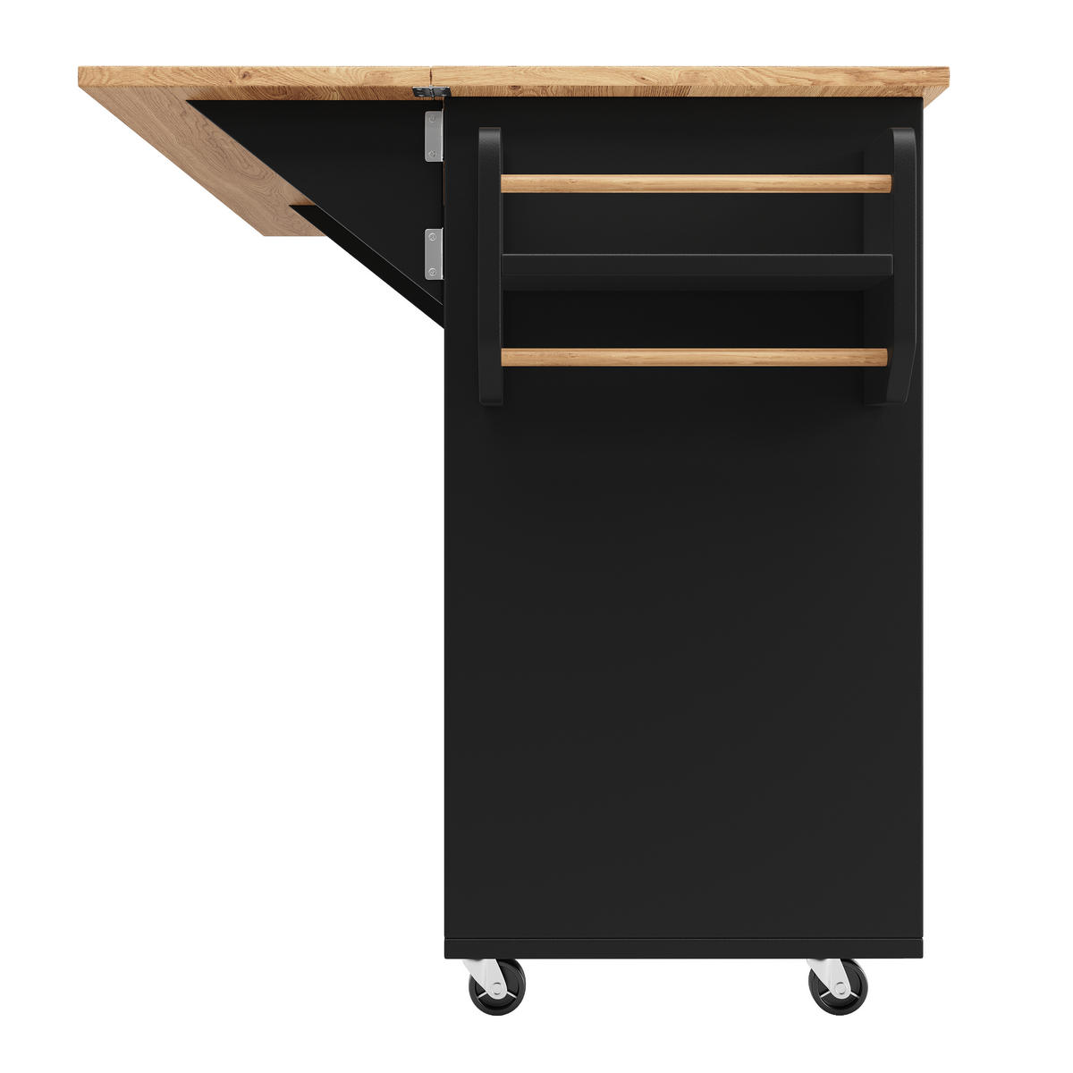 KÜCHENINSEL 120/71/92 cm Schwarz mit Klapptisch, 2 Schubladen, 5 Rollen und verstellbaren Böden - Schwarz, Holz/Holzwerkstoff (120/92/43.2cm) - Oxeza