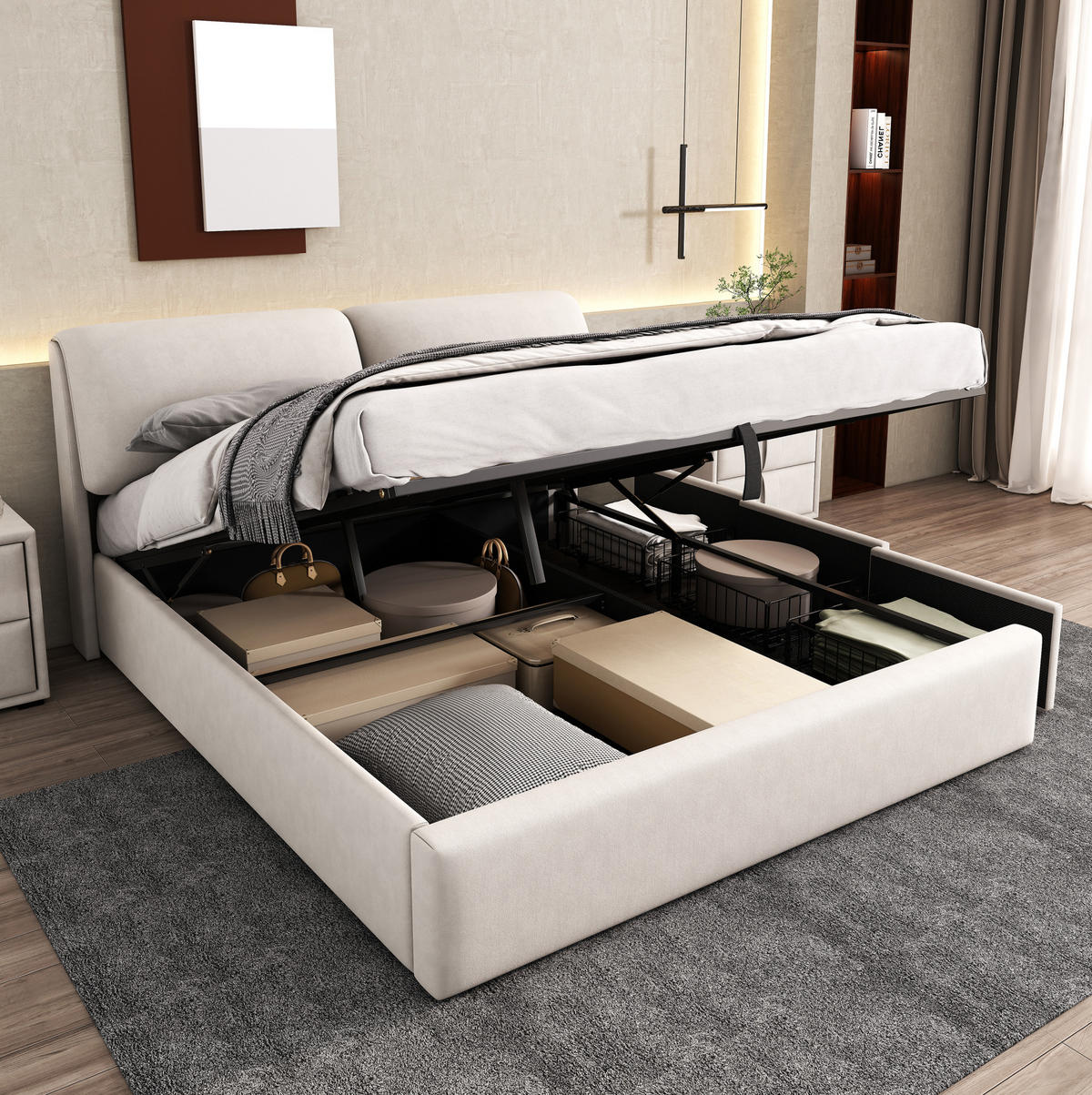 POLSTERBETT 160/200 cm mit hydraulischem Bettkasten, 3 Schubladen und verstellbarem Kopfteil, Beige - Beige, Textil (160/200cm) - Redom