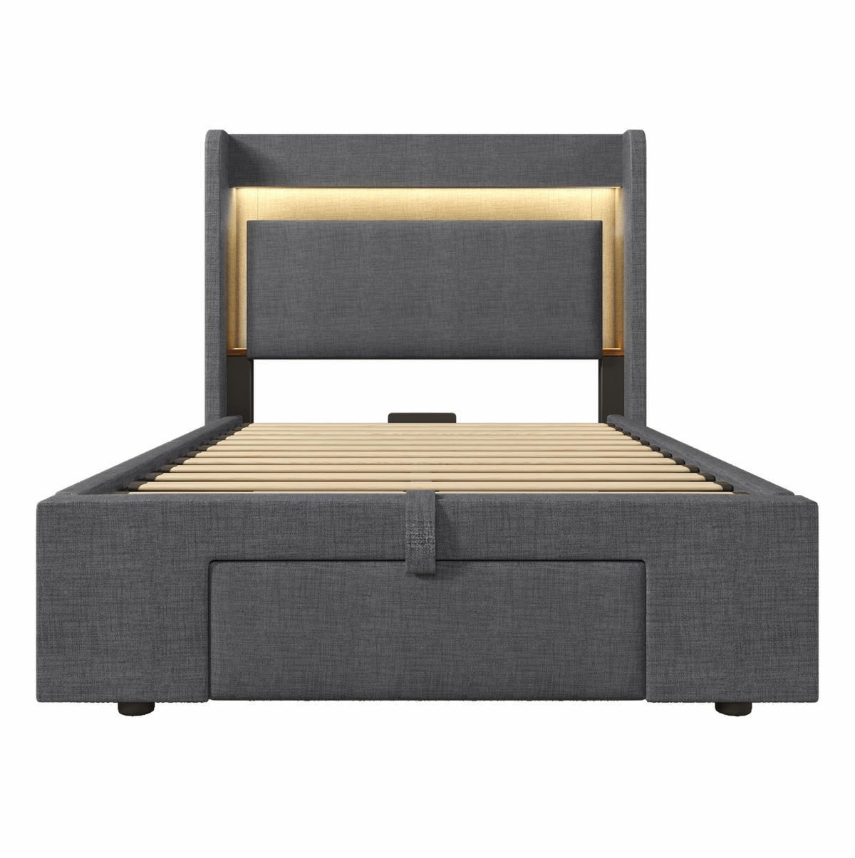POLSTERBETT 90/200 cm grau aus Leinen mit LED, Stauraum und USB-C - Grau, Textil (90/200cm) - OKWISH