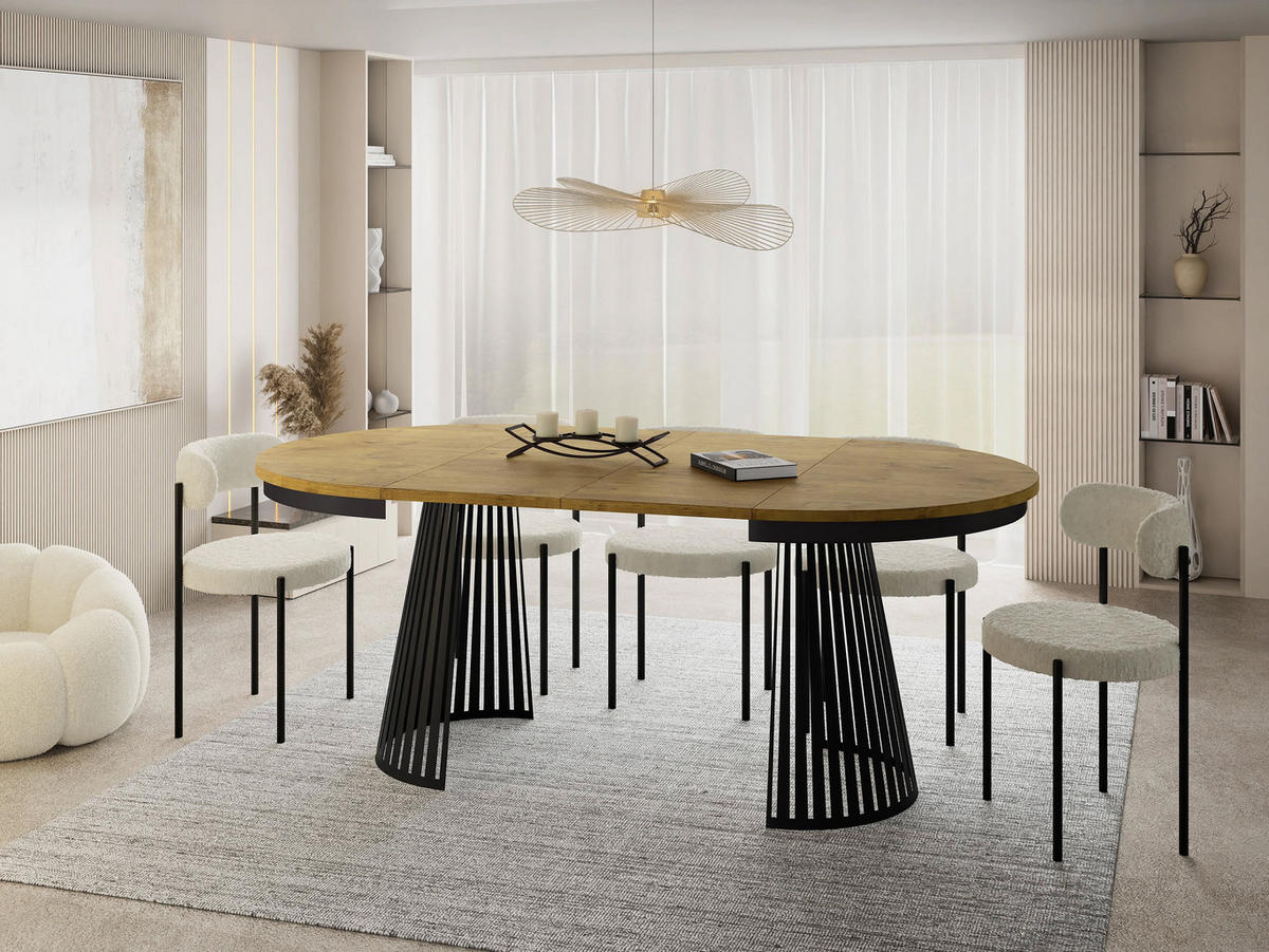 ESSTISCH Naro rund ausziehbar mit Schwarzem Lamellen-Metallgestell, Braun 100-180/100/76 cm - Eichefarben/Schwarz, Holzwerkstoff/Metall (100/176/76cm) - WFL GROUP
