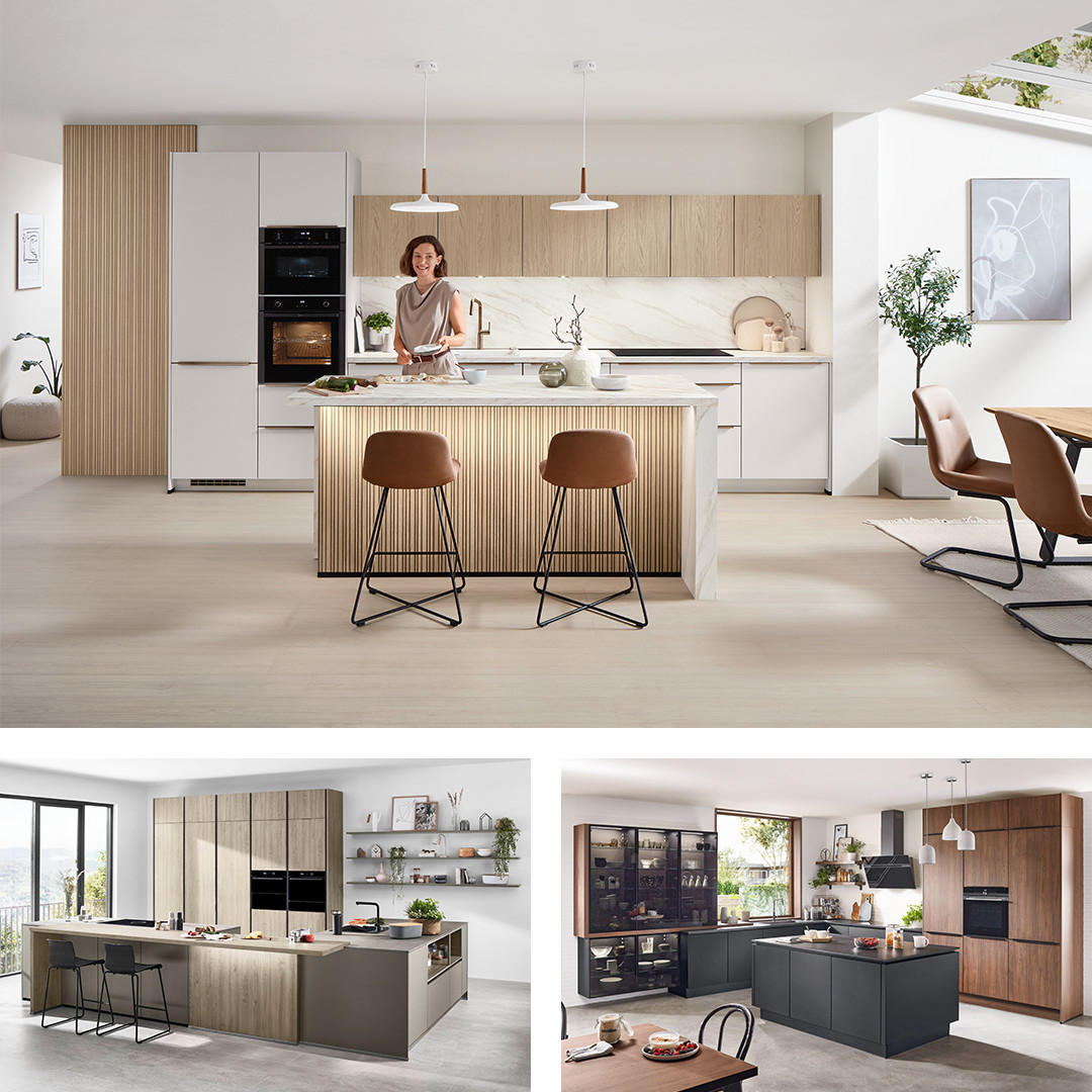 Collage von trendigen Küchen von CELINA mit natürlichen Farben und moderner Küchenaustattung.