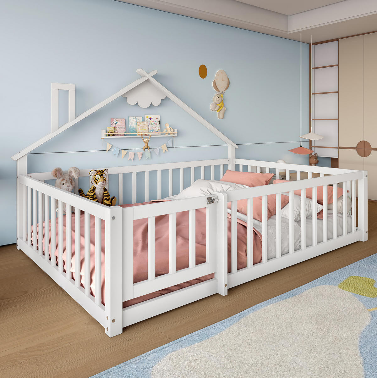 KINDERBETT 140/190 cm im Hausdesign mit Schutzgeländer und Verschluss, MDF, Weiß - Weiß, Holzwerkstoff (140/190cm) - Redom