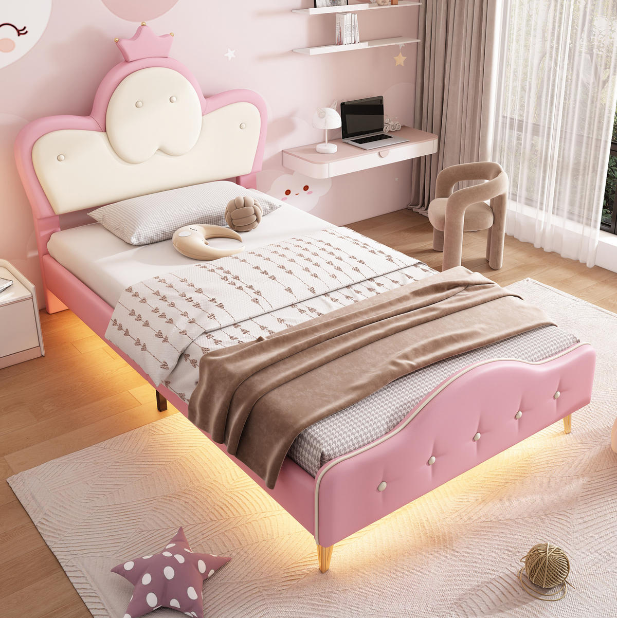 KINDEREINZELBETTEN aus Kunststoff 90x200 cm in Rosa/Weiß mit LED-Lichtleiste - Weiß, Kunststoff (90/200cm) - Modfu
