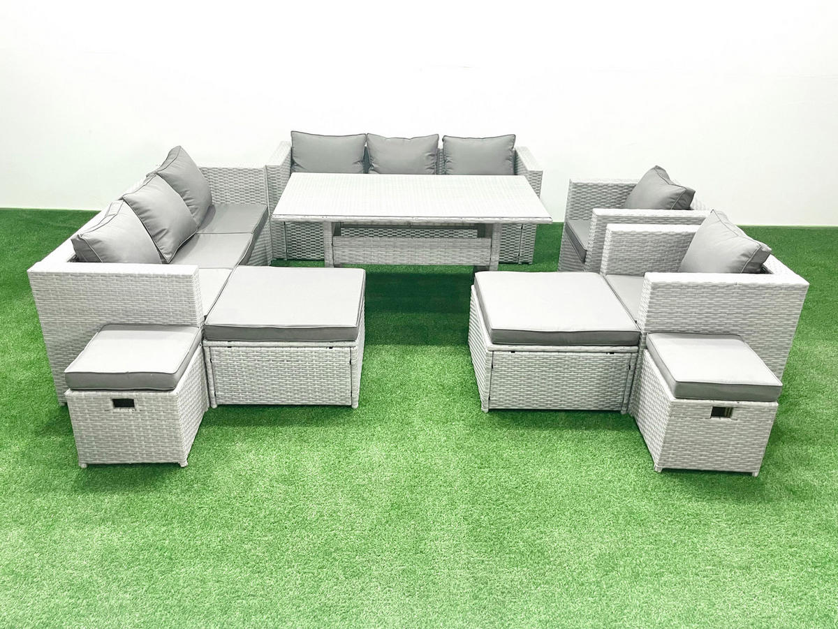 GARTENSET mit Esstisch,Sofa,4 Fußhocker,2 Stühle Polyrattan Hellgrau 12-Sitzer - Hellgrau/Grau, Glas/Kunststoff - Fimous