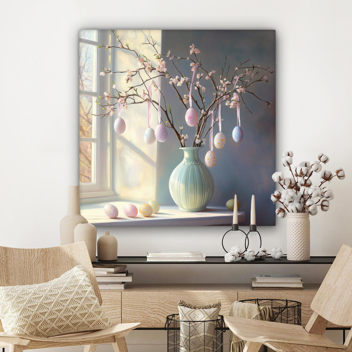 LEINWANDBILD Stillleben - Vase - Osterzweig Deko Groß 90x90 cm - Hellblau, Textil (90/90cm) - MuchoWow