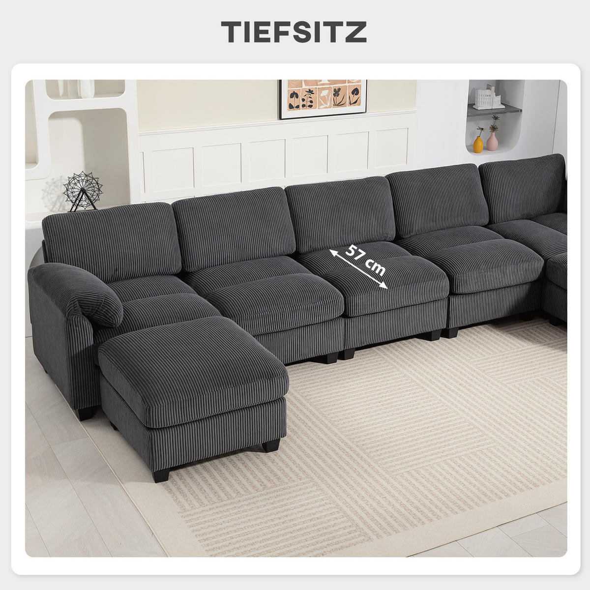ECKSOFA U-FORM DE-06612 Sofa mit Federpolsterung, beweglicher Ottomane, Cord Dunkelgrau - Dunkelgrau, Holz/Textil (224/292cm) - ComfortXL