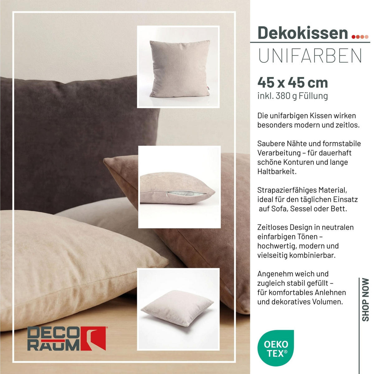 DEKORAČNÝ vankúš Uni svetlosivý 45 × 45 cm s výplňou - sivá, textil (45/45cm) - Deco-Raum