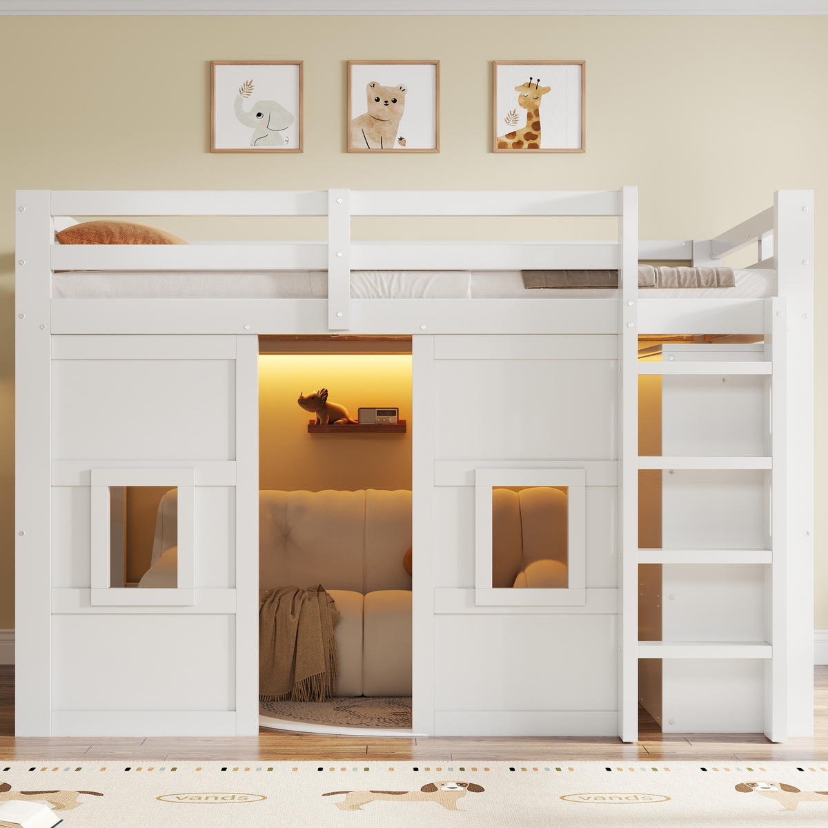 HOCHBETT 140/200 cm DE-03381, mit integriertem Kleiderschrank, 2 Fenstern und LED-Beleuchtung, in Weiß - Weiß, Holz/Holzwerkstoff (140/200cm) - ComfortXL