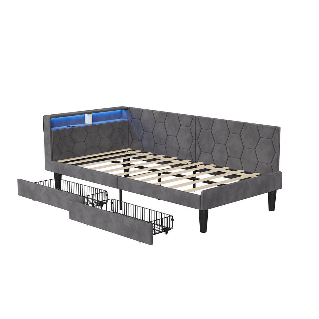 EuroLiving ČALOUNĚNÁ postel 90x200 cm, denní lůžko se 2 zásuvkami, LED a USB, jednolůžko s úložným prostorem v čele, šedá