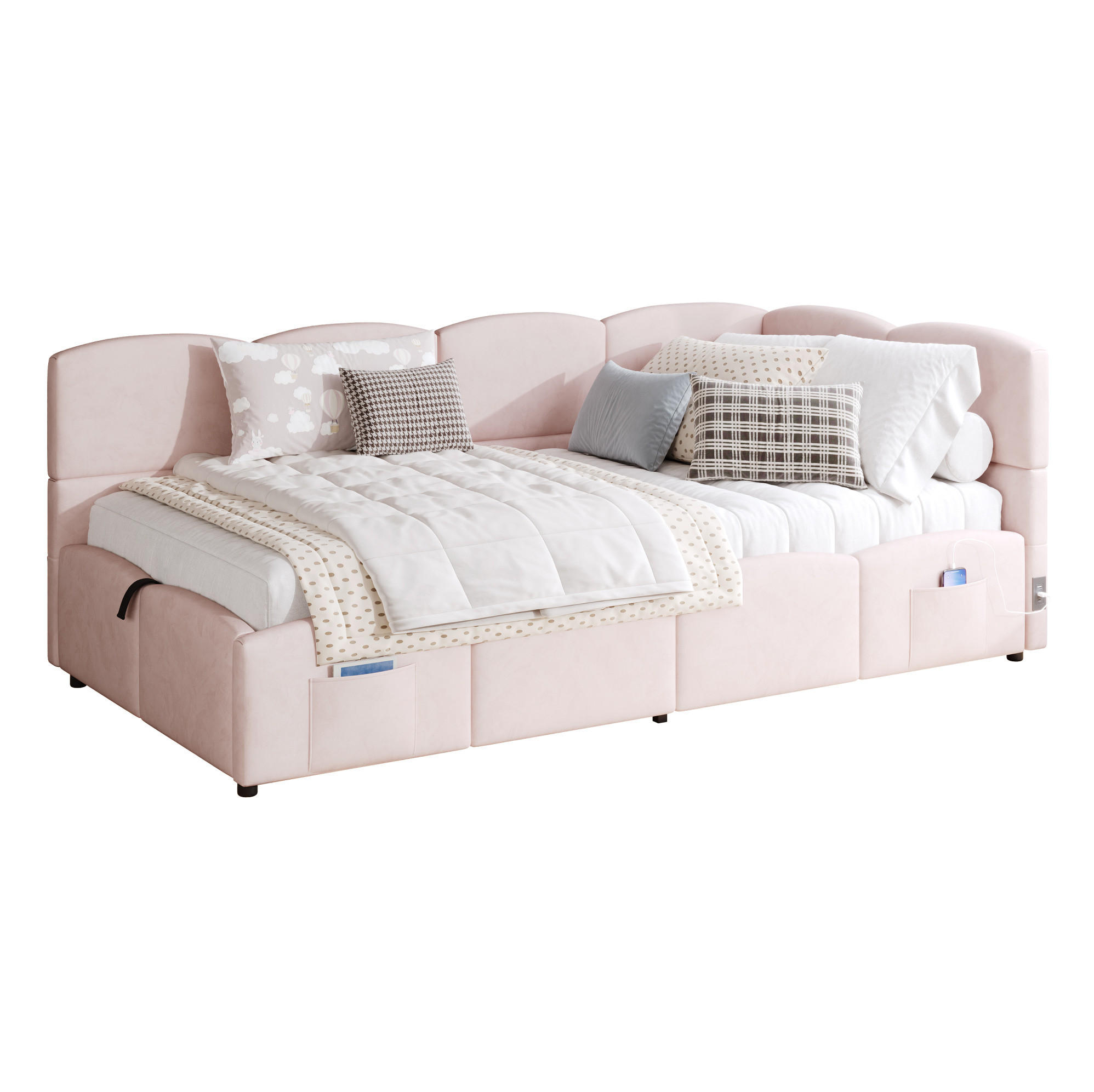 POLSTERBETT aus Samt 90x200 cm in Rosa mit Stauraum & USB - Rosa, Textil (90/200cm) - Modfu