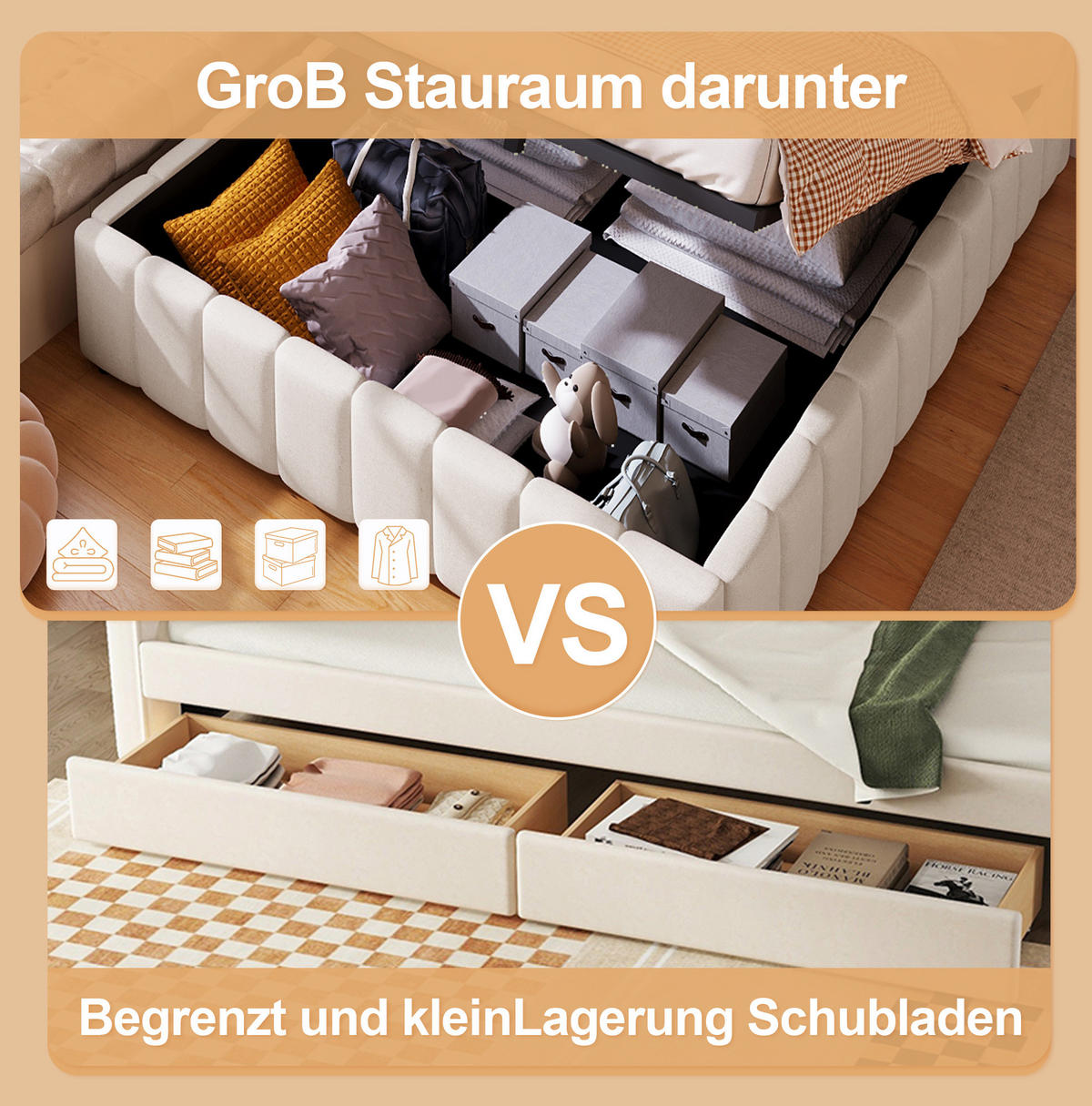 POLSTERBETT mit Bettkasten 140/200 cm in Beige, ohne Kopfteil - Beige, Textil (140/200cm) - BEAOK