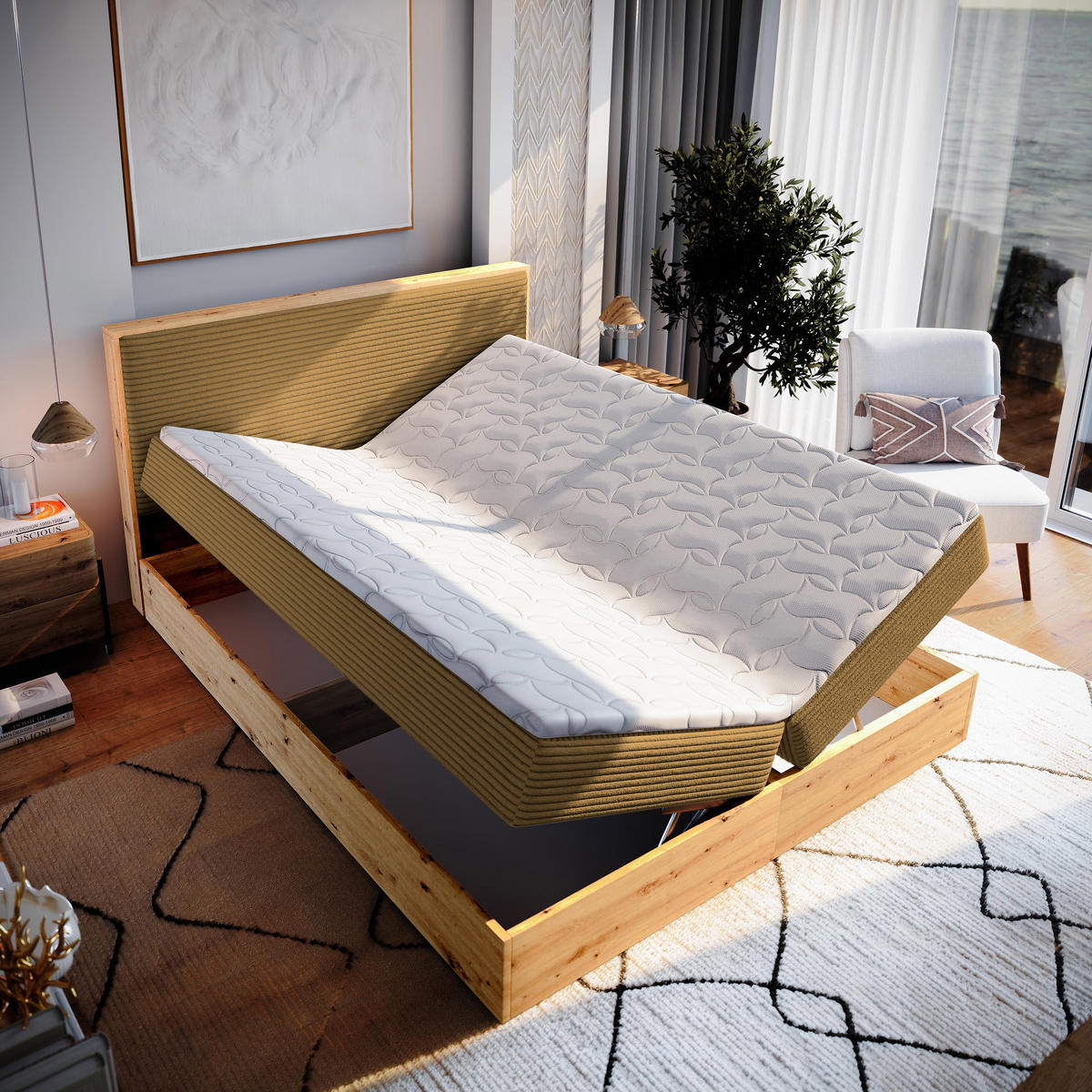 BOXBETT VERDON 160x200 cm mit Matratze und Topper - Gelb - Gelb, Holz (160/200cm) - MASSENO