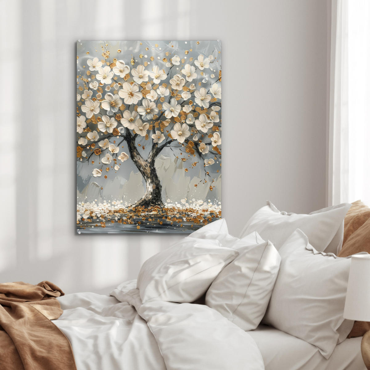 ACRYLGLASBILD Baum - Blumen - Weiß - Natur - Kunst 60x80 cm - Weiß, Glas (60/80cm) - MuchoWow