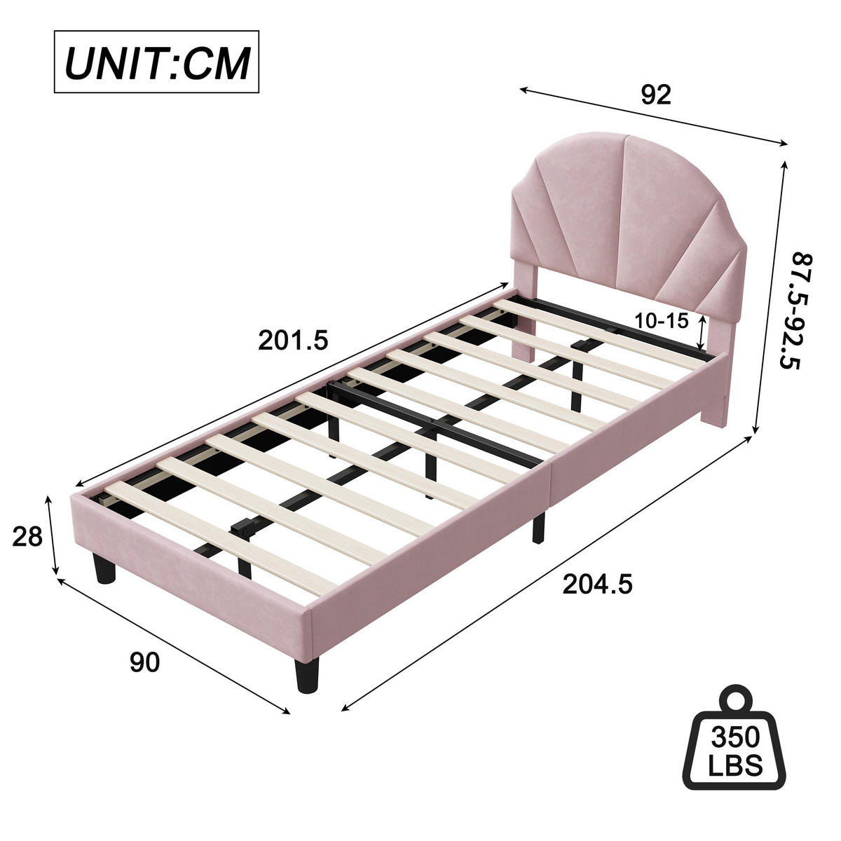 POLSTERBETT 90x200cm Rosa Mit Verstellbarem Kopfteil, Jugendbett - Rosa, Holz (90/200cm)