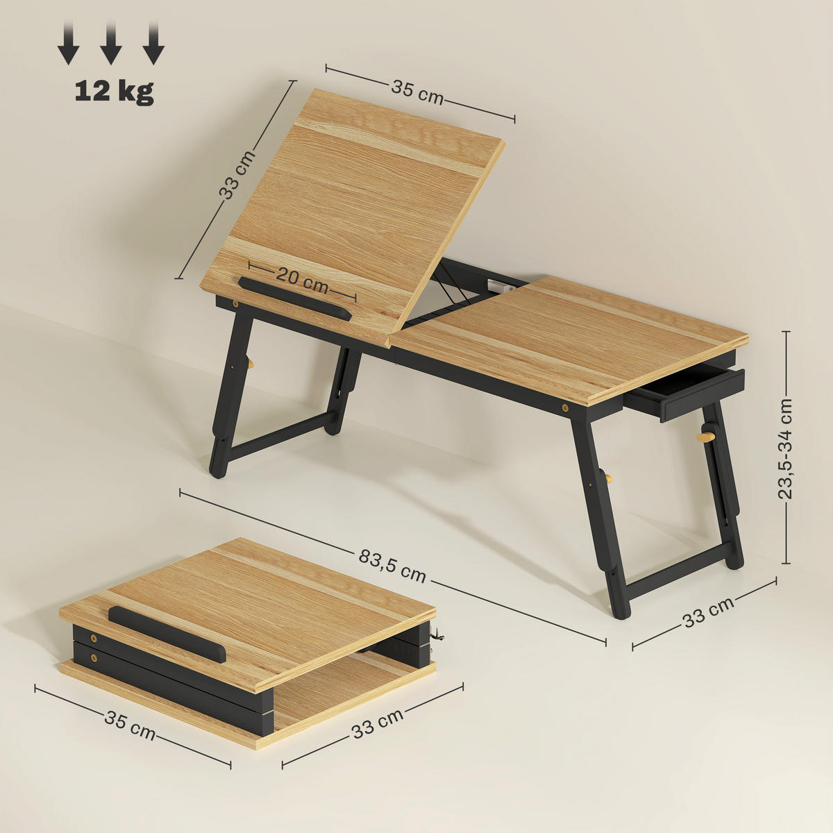 BETTTISCH Bambus Eiche - Eichefarben/Schwarz, Holzwerkstoff/Bambusholz - HOMCOM