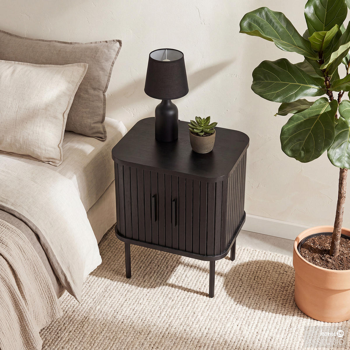 NACHTKOMMODE - MDF / Metall - Eiche - Eichefarben/Schwarz, Holzwerkstoff/Metall (45/55/40cm) - home24