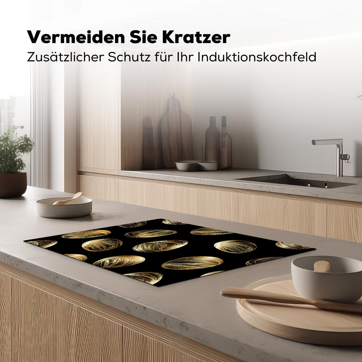 HERDABDECKPLATTE Eier - Gold - Muster Herdabdeckung Induktionsfeld 70x52 cm - Schwarz, Kunststoff (70/52/0.2cm) - MuchoWow