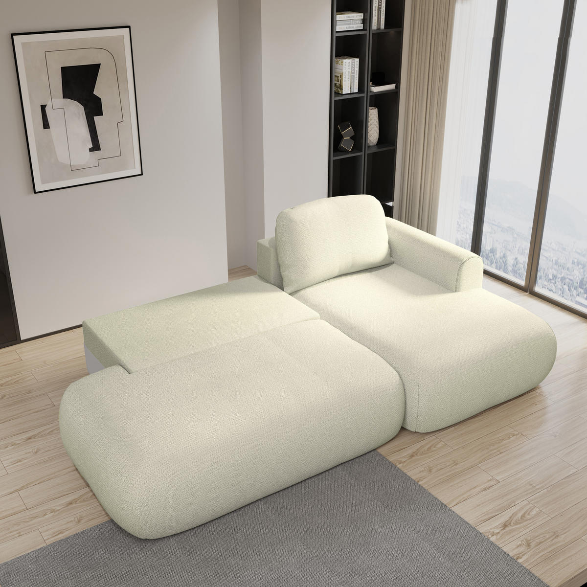 ECKSOFA NUVIRA R-S Creme Geflochtener Stoff mit Schlaffunktion - Creme, Holz (274/165cm) - MASSENO