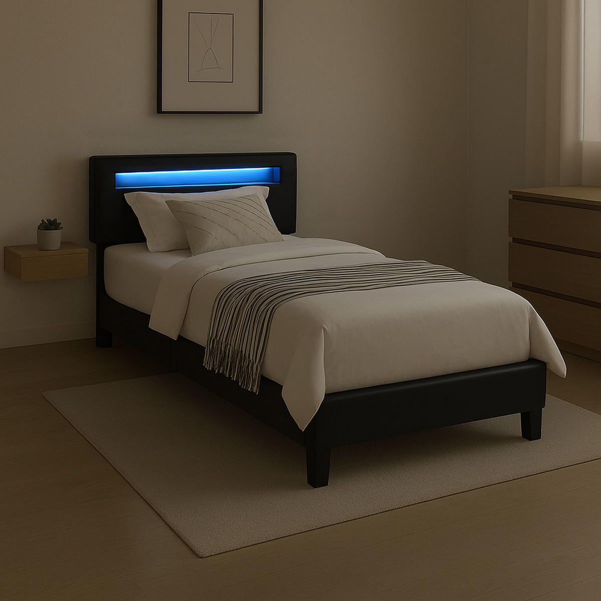 POLSTERBETT MIT LED BENITO 90x200 cm schwarz - Schwarz, Textil (90/200cm) - CARO-Möbel