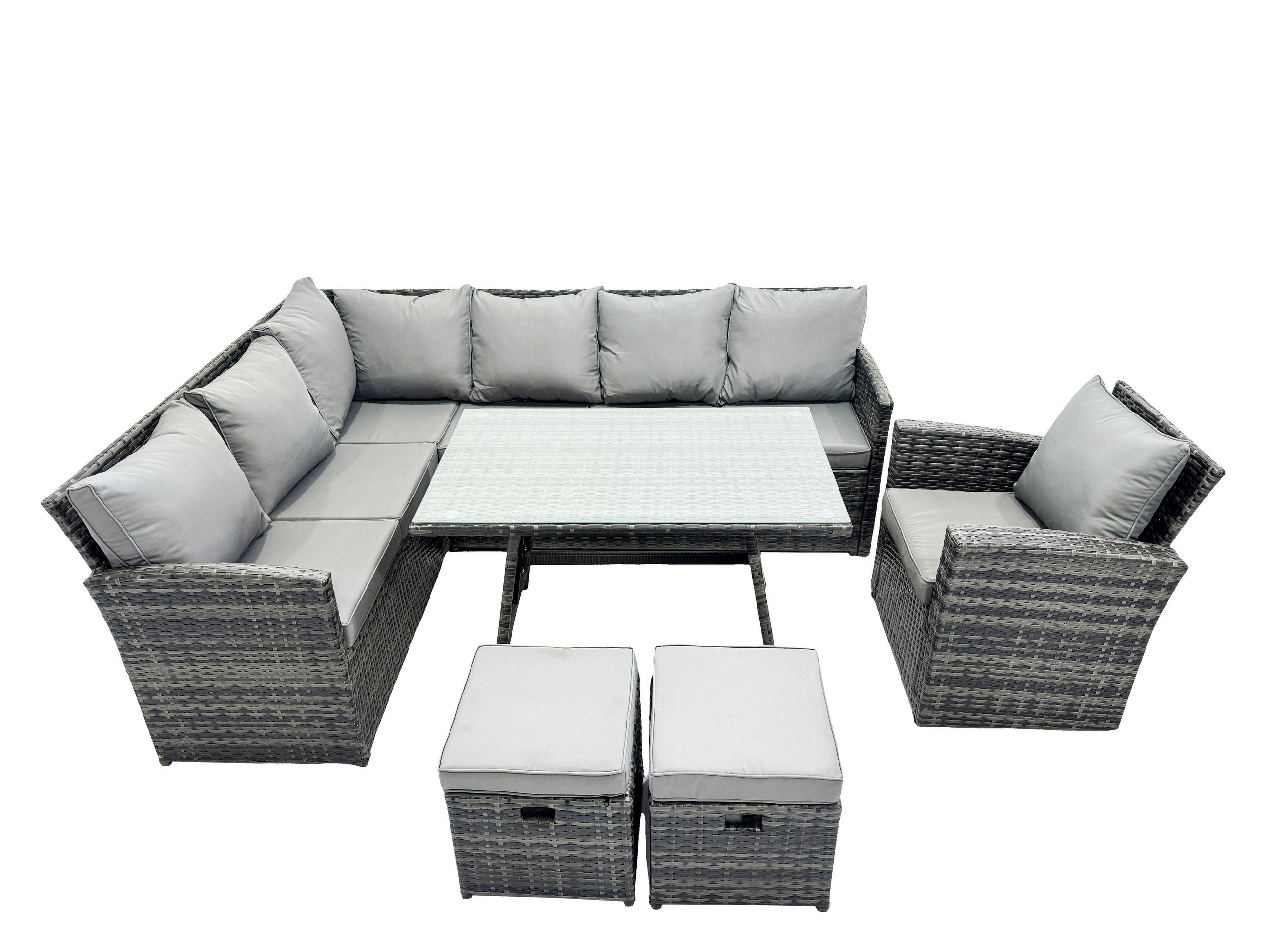 SITZGRUPPE mit Ecksofa Polyrattan 9-Sitzer - Dunkelgrau/Grau, Glas/Kunststoff - Fimous
