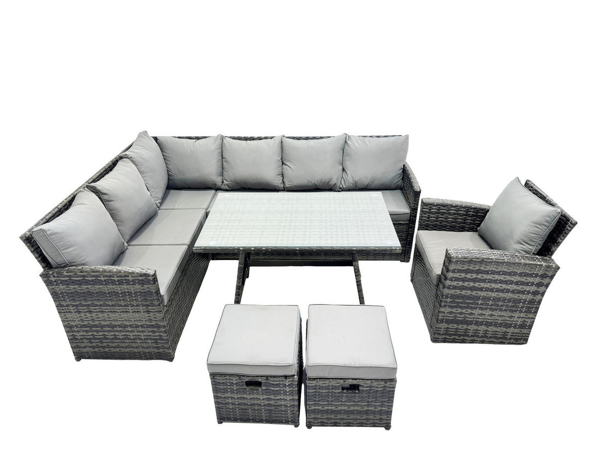 SITZGRUPPE mit Ecksofa Polyrattan 9-Sitzer - Dunkelgrau/Grau, Glas/Kunststoff - Fimous