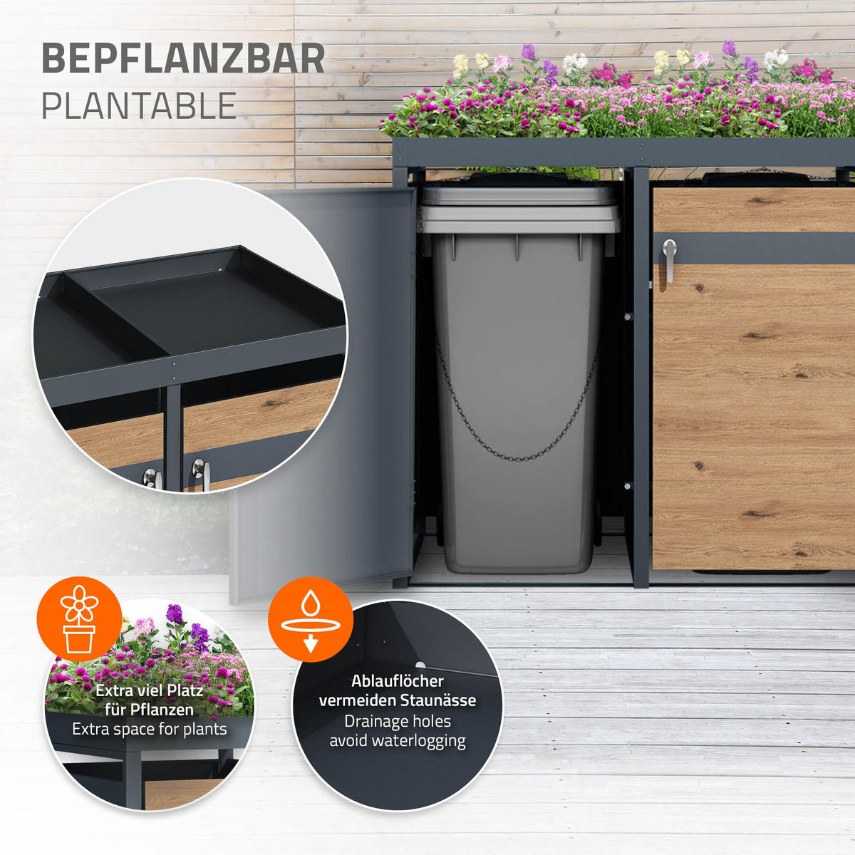MÜLLTONNENBOX 4er mit Pflanzdach Anthrazit-Eichenoptik - Braun, Metall (80/124/264cm) - ML-DESIGN