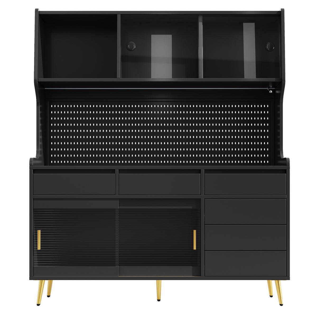 BUFFET 145/39/171 cm schwarz aus MDF und Glas mit LED-Beleuchtung - Schwarz, Holzwerkstoff (145/171/39cm) - OKWISH