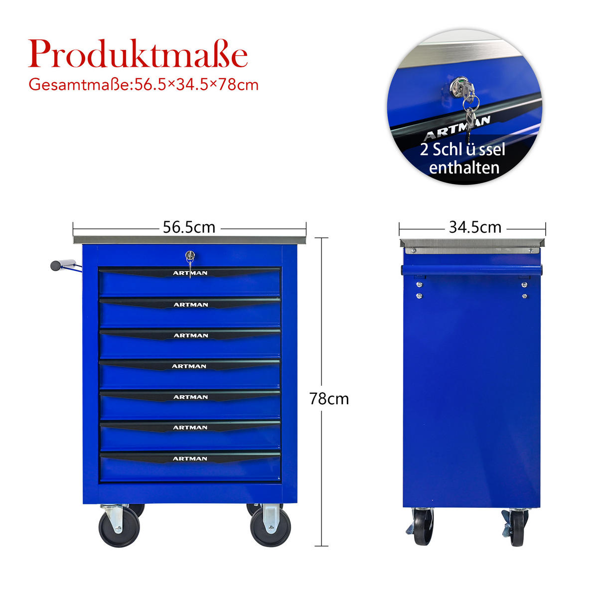 WERKZEUGWAGEN Metall mit Rollen – 7 Schubladen, Edelstahlablage, Werkstattwagen für Garage & Werkstatt, Schwarz/Blau - Blau, Metall (34.5/78/62.5cm) - Ej. Life