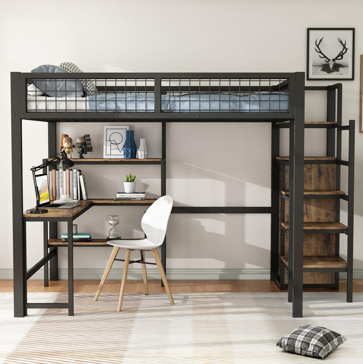 HOCHBETT aus Metall und MDF 140x200 cm Schwarz/Braun mit Schreibtisch, Regalen und Kleiderschrank - Schwarz, Metall (90/190cm) - Modfu