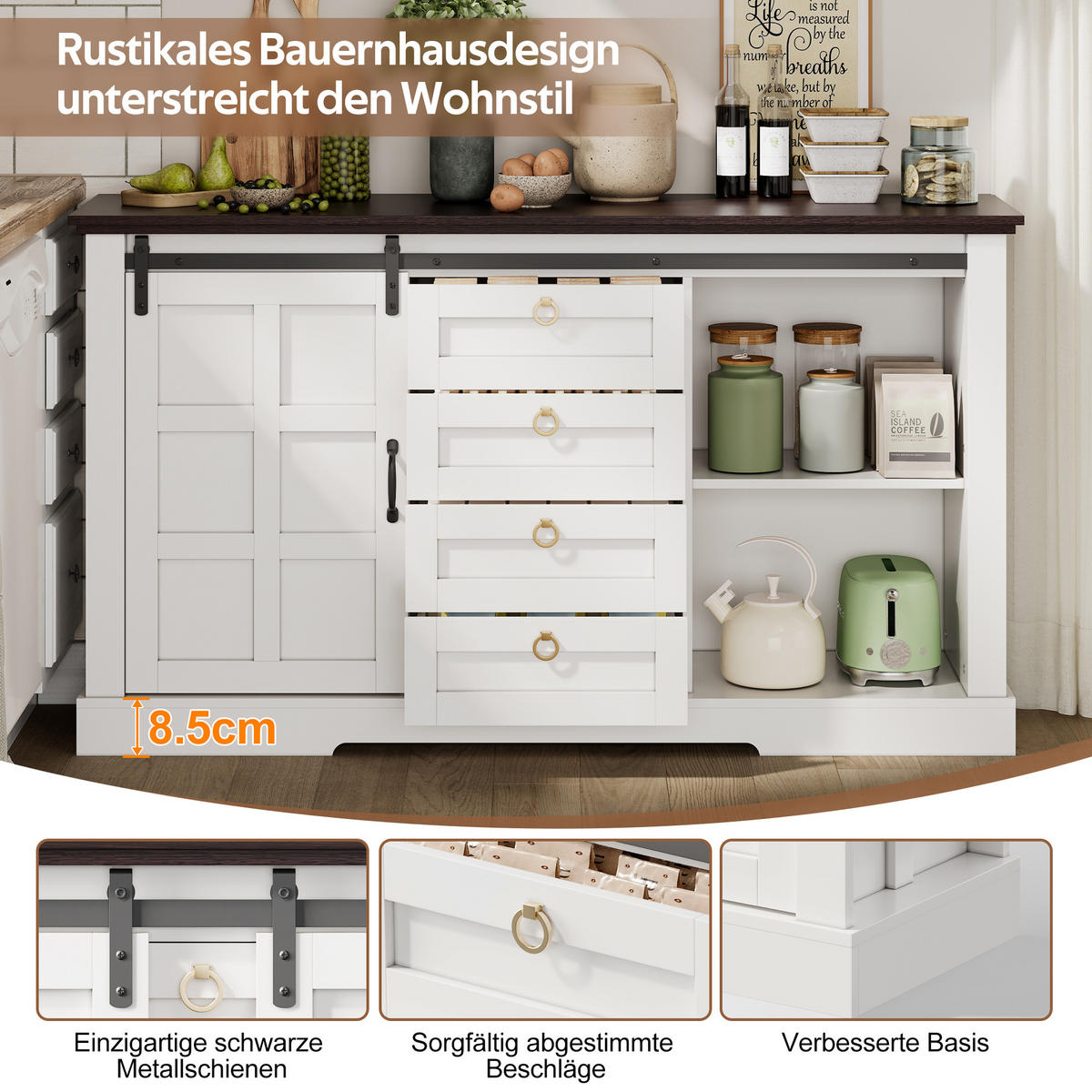 SIDEBOARD 150/40/85 cm Weiß mit Stauraum, Schiebetüren und 4 Schubladen - Weiß, Holz (150/85/40cm) - Oxeza