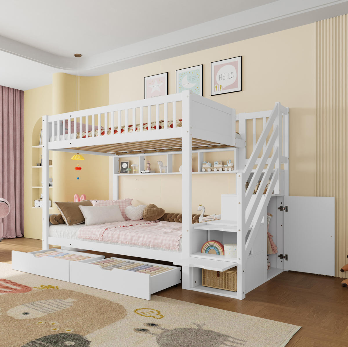 ETAGENBETT 90x200 cm in Weiß mit Stauraum, Kleiderschrank und Schubladen - Weiß, Holz (90/200cm) - OKMYHOME