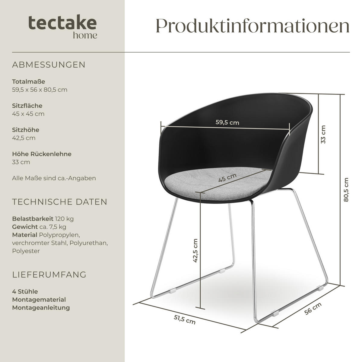 DREHSTUHL 4er Set Logart 59 5 x 56 x 80 5 cm schwarz/chrom - Schwarz, Textil (59.5/80.5/56cm) - tectake