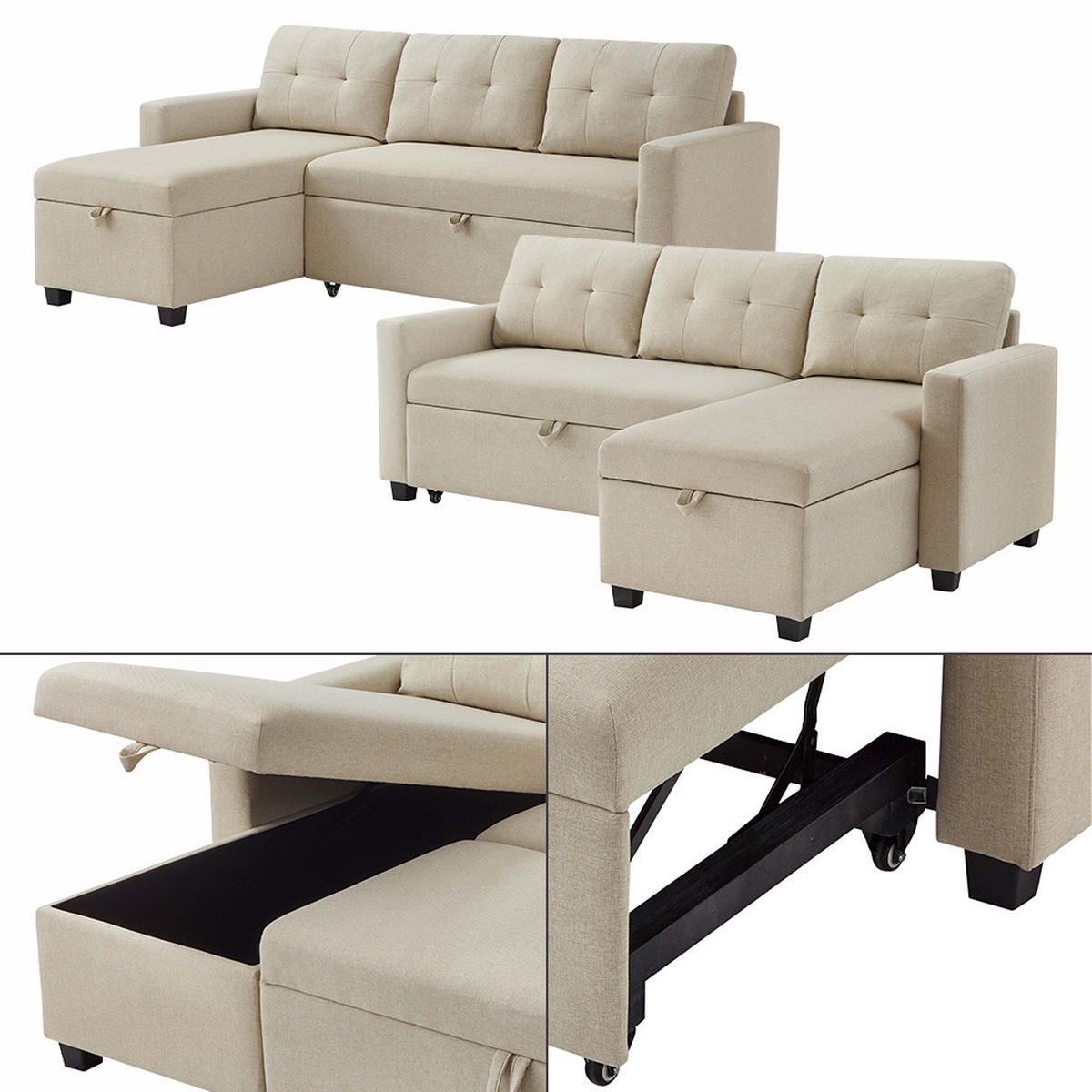 SOFA L-FORM Campina Beige 226 x 163 cm mit Schlaffunktion - Beige, Holz (226/163cm) - VitaliSpa