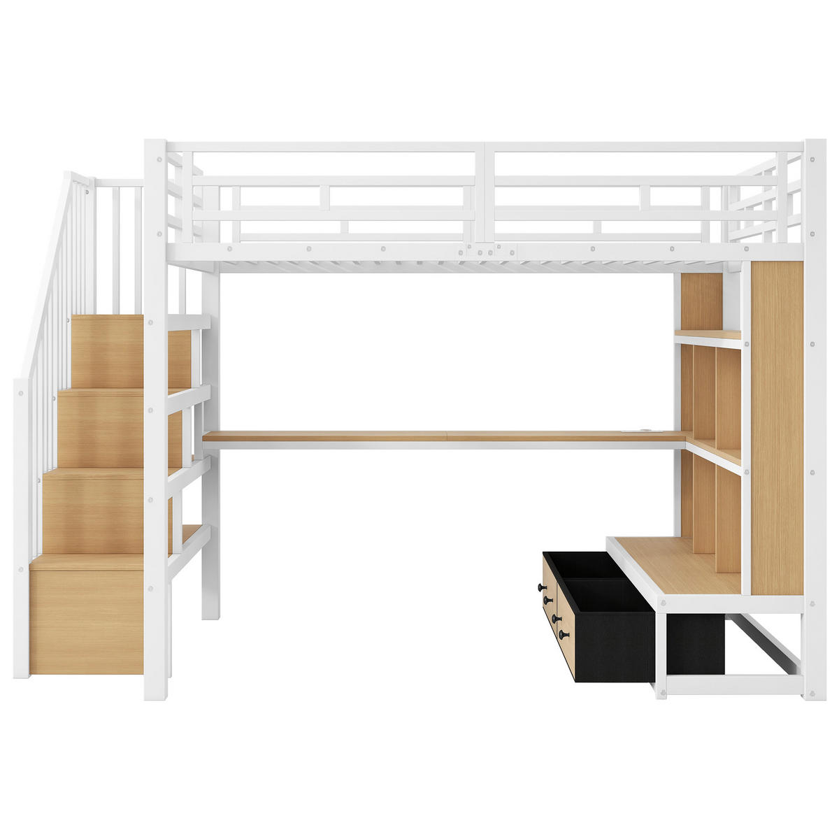 HOCHBETT weiß 140 × 200 cm aus Metall mit Schreibtisch und Regalen, zwei integrierten Schubladen, Treppe mit Stauraum - Weiß, Holzwerkstoff (140/200cm) - Luhomfu