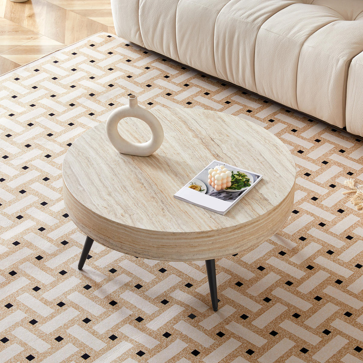 RUNDER COUCHTISCH Travertin-Optik - Naturfarben, Metall (70/70/35.5cm)