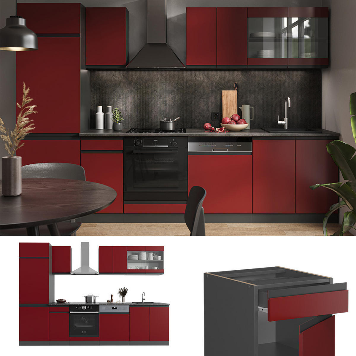 KÜCHENZEILE R-Line Rot/Anthrazit 300 cm, AP Eiche - Anthrazit/Rot, Holzwerkstoff (300/81.6/60cm) - Vicco
