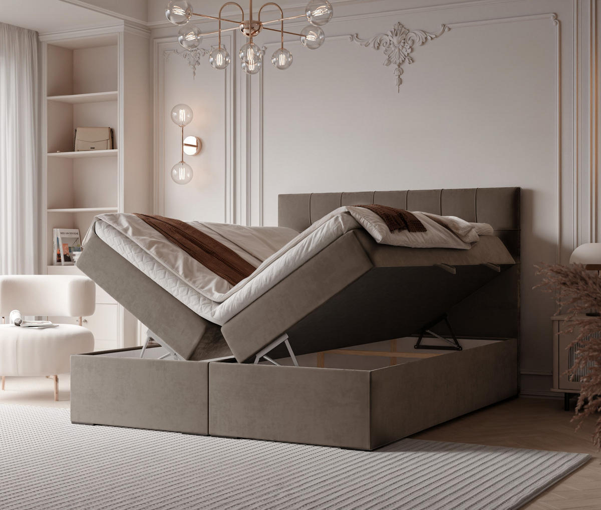 BOXBETT IMPERIAL 160/200 cm, in Hellbraun, mit Matratze und Topper - Hellbraun, Holzwerkstoff/Textil (160/200cm) - Idohome