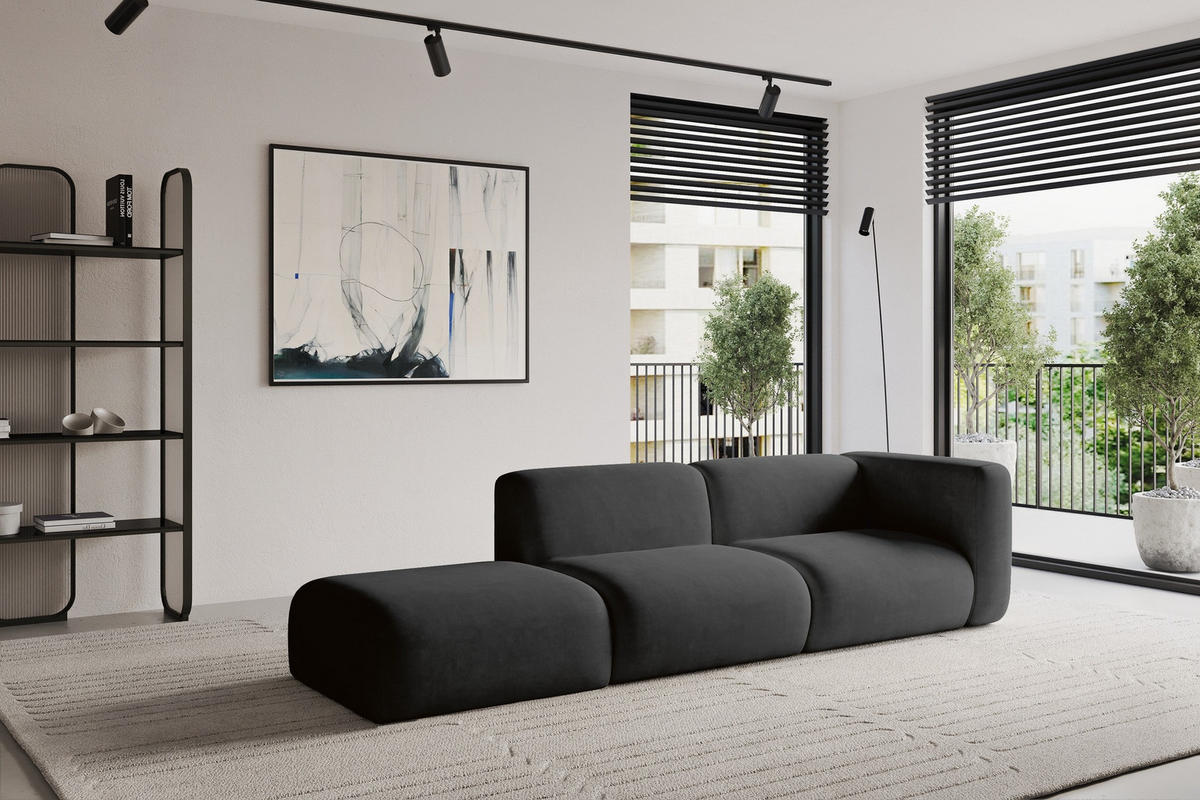 SOFA Ottomane Rechts MIRA-S3 296x89x70 Schwarz Velours - Anthrazit/Schwarz, Holzwerkstoff/Kunststoff (296/70/89cm) - ALTDECOR