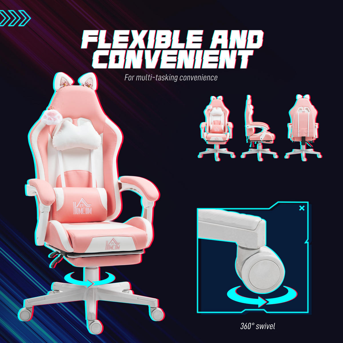 GAMING Stuhl Ergonomischer Gamer Stuhl mit Lendenwirbelstütze, Fußstütze Rosa - Rosa/Weiß, Leder/Kunststoff (62/124/65cm) - HOMCOM