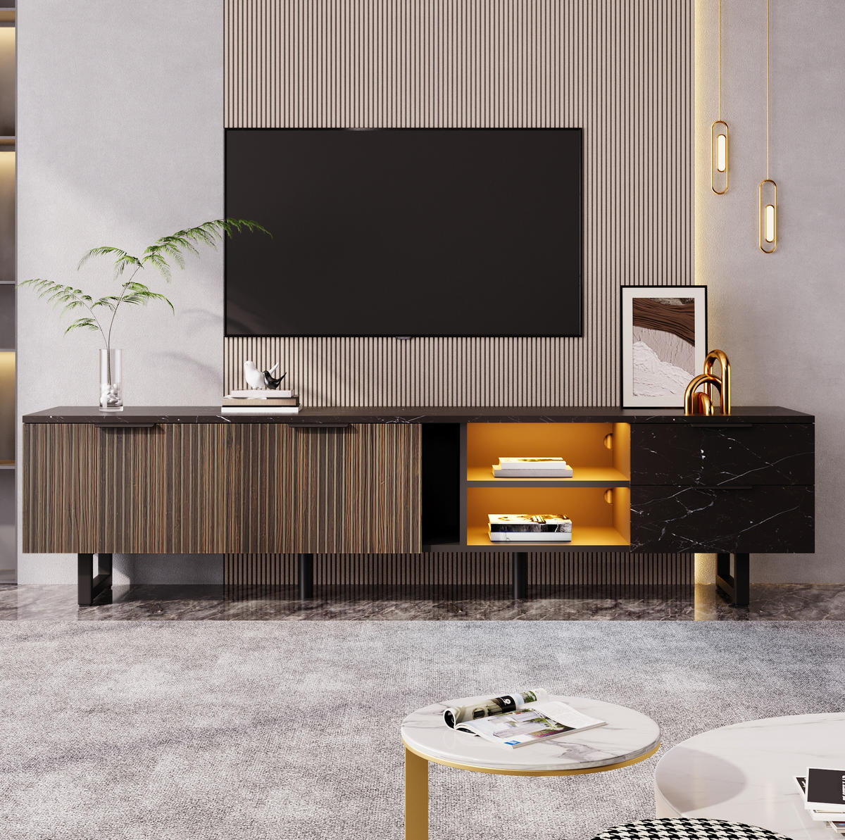 LOWBOARD 200/38/50 cm in Schwarz/Holzmaserung aus MDF mit LED-Beleuchtung - Schwarz, Holzwerkstoff (38/50/200cm) - OKMYHOME