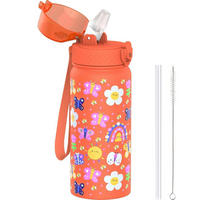 KINDER Trinkflasche 420 ml Edelstahl mit Strohhalm doppelwandig isoliert BPA-frei - Multicolor, Metall (7.5/7.5cm)