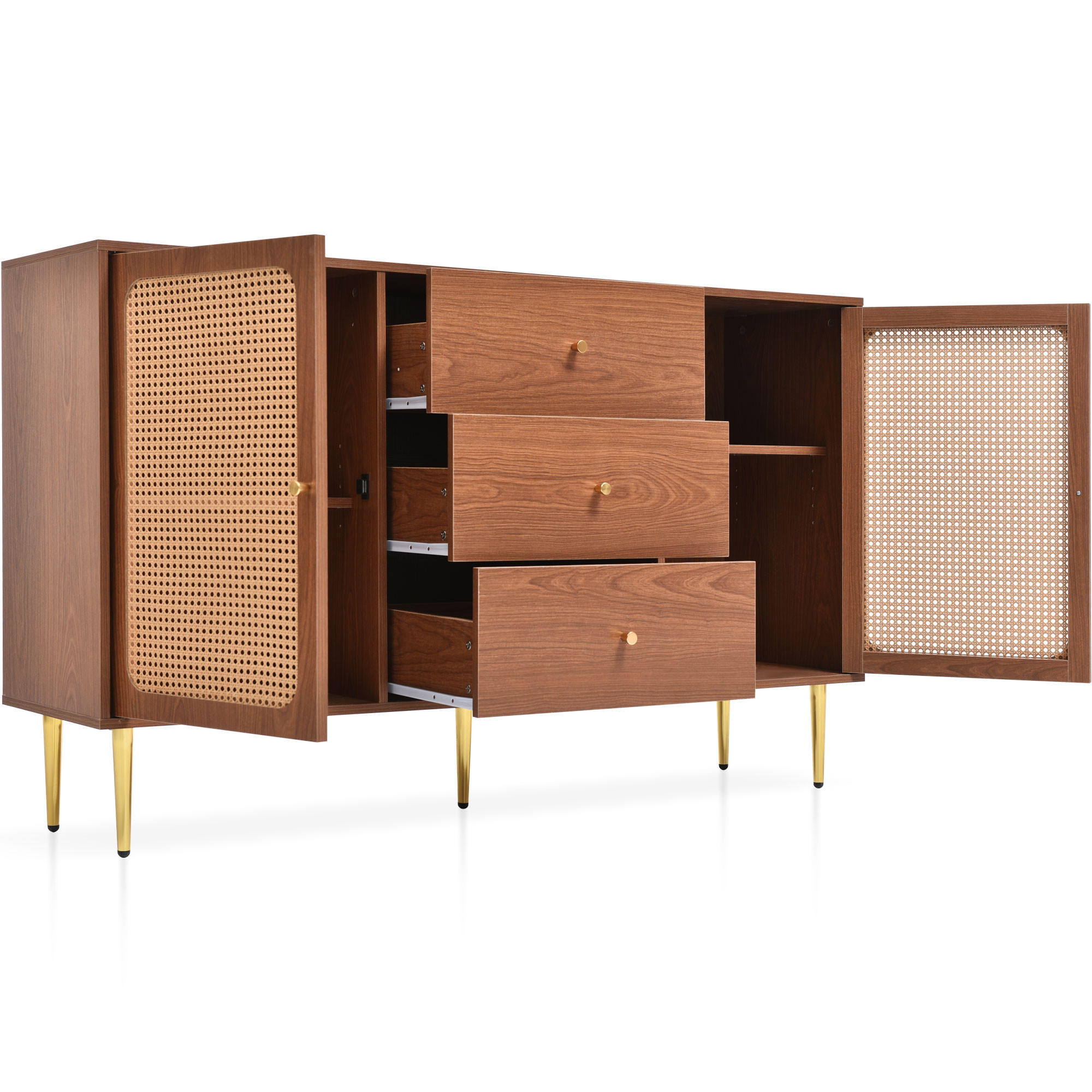 KOMMODE mit 2 Türen, 3 Schubladen, Rattan-Optik und verstellbaren Einlegeböden, 150 x 40 x 90 cm, Walnuss, Holz und Metall - Walnussfarben, Holzwerkstoff (150/90/40cm) - SONNENH