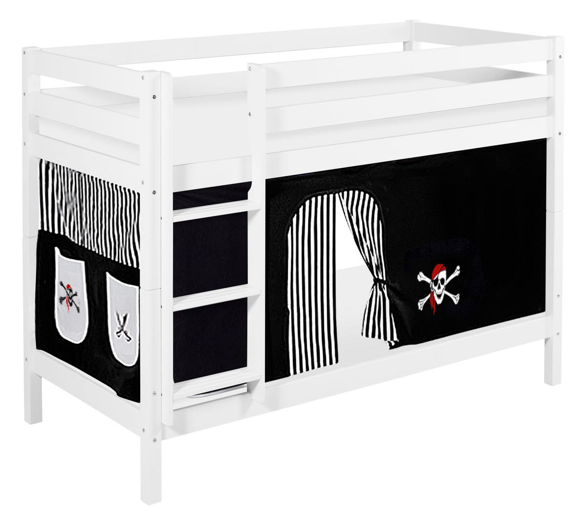 ETAGENBETT JELLE 90x200 cm Pirat schwarz gestreift - Hochbett - inkl. Vorhang und 2 Lattenrosten - Weiß, Holz - Lilokids