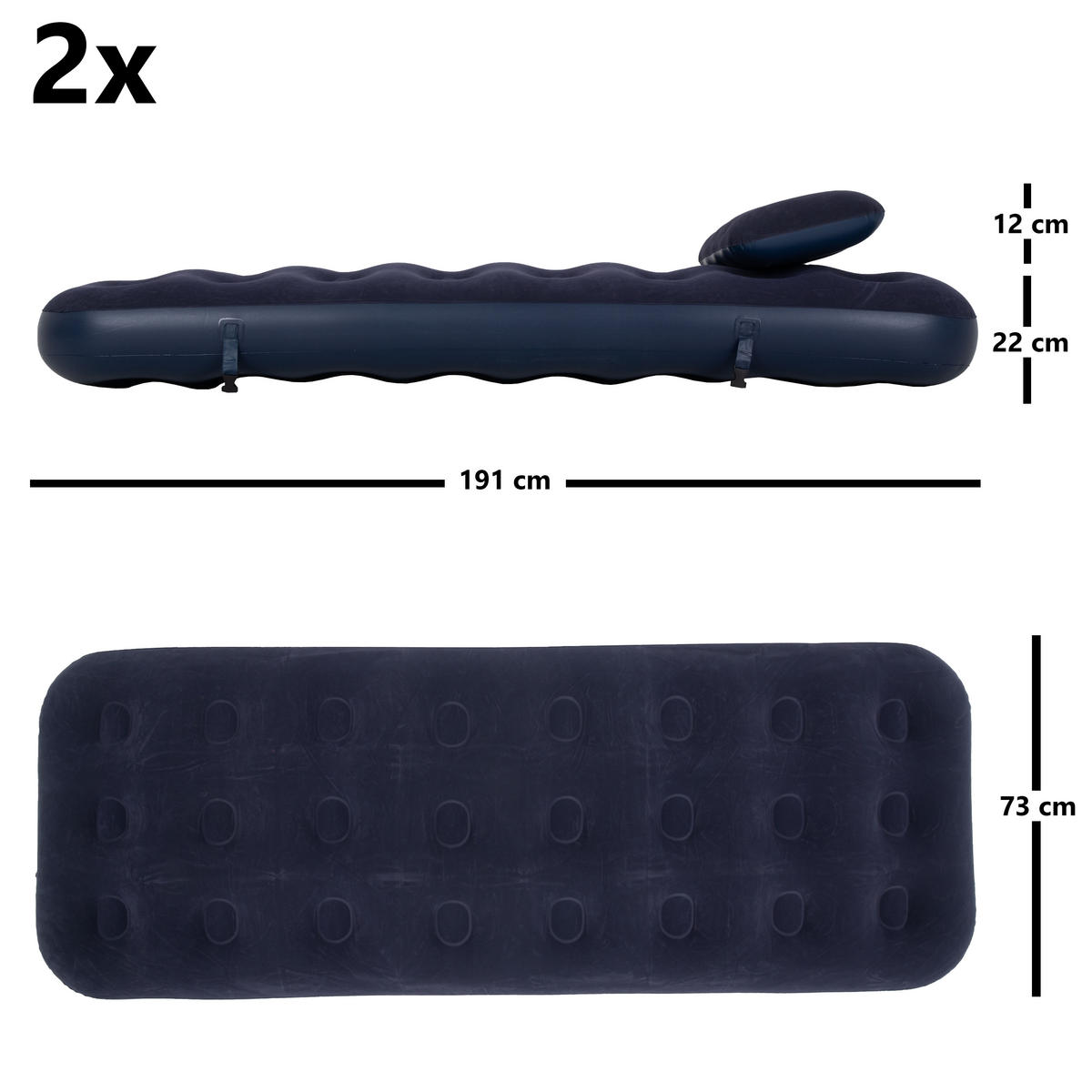 LUFTBETT Luftmatratze Camping 2x 191x73x22cm blau 2 Kissen aufblasbar ohne Pumpe - Blau, Kunststoff (73/191cm) - Avenli
