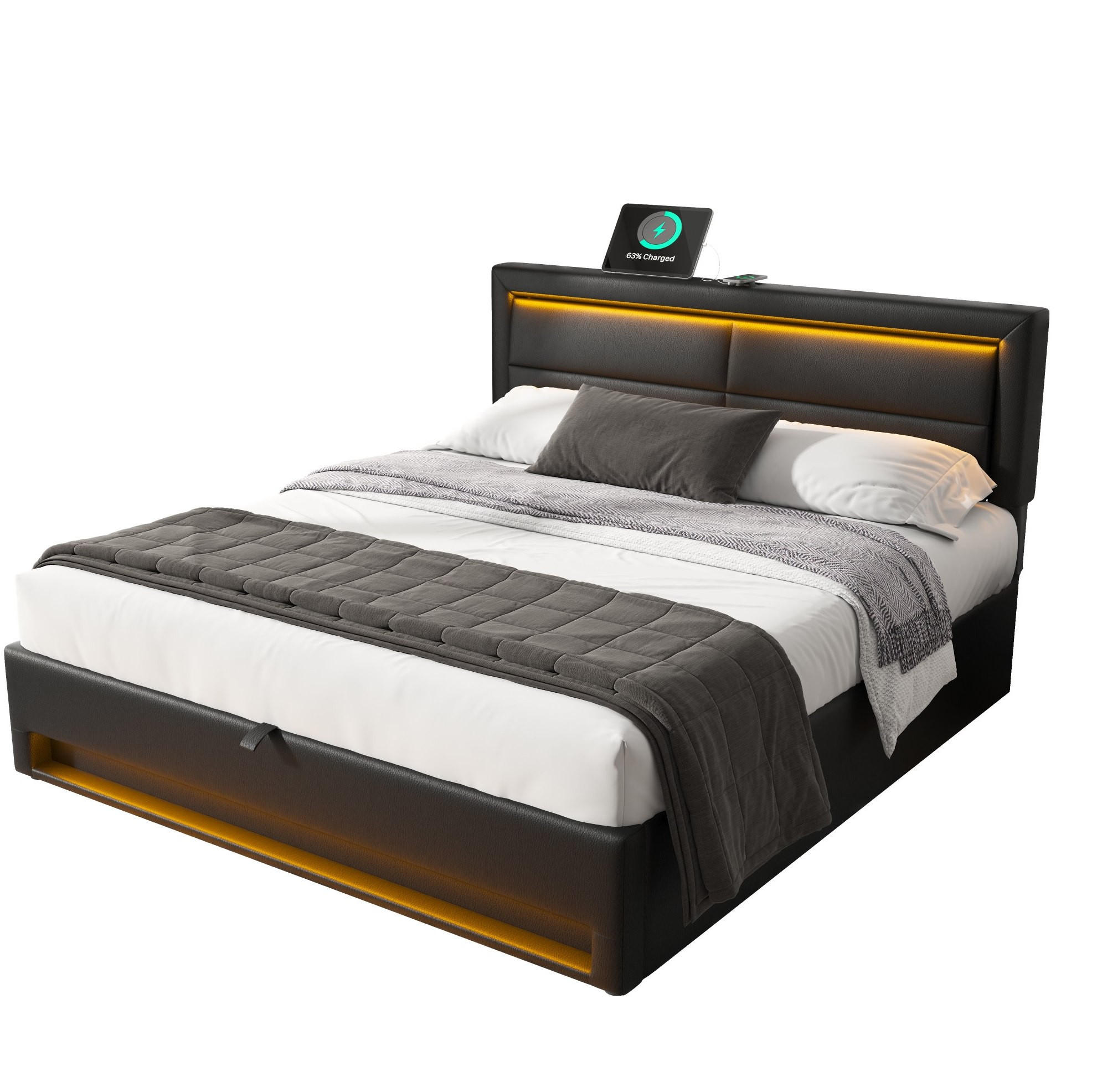 POLSTERBETT 140/200 cm mit USB-Ladefunktion, LED-Beleuchtung und Bettkasten, PU in Litschi-Optik, Schwarz - Schwarz, Kunststoff (140/200cm) - Redom