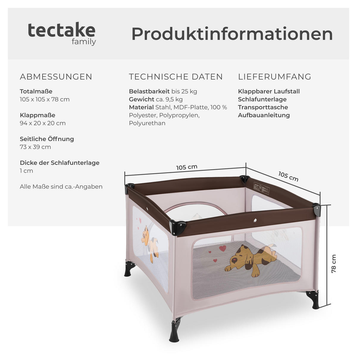 LAUFSTALL für Baby Tommy Junior,105 x 105 x 78 cm,braun - Braun, Textil (105/78/105cm) - tectake