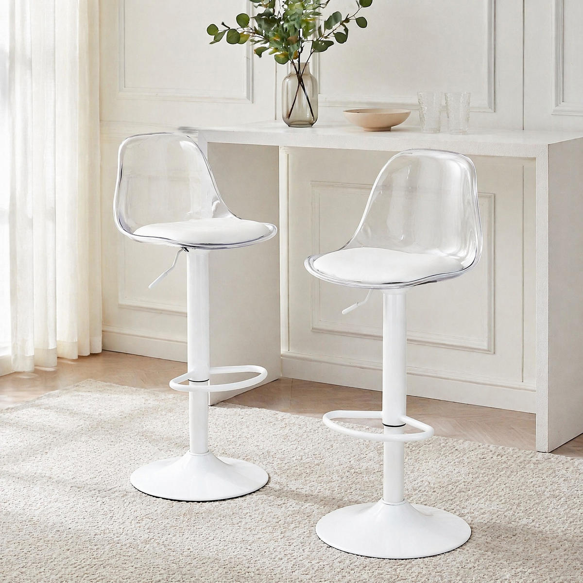 BARHOCKER 2er-Set höhenverstellbar Weiß mit transparenter Rückenlehne - Weiß, Metall (40.5/104/40.5cm) - MIVRAY